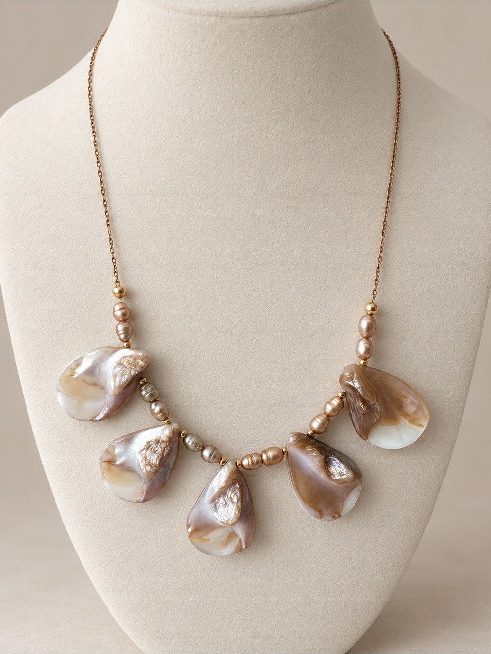 Mother of Pearl Shell & Pearl Bead Gold Tone Necklace